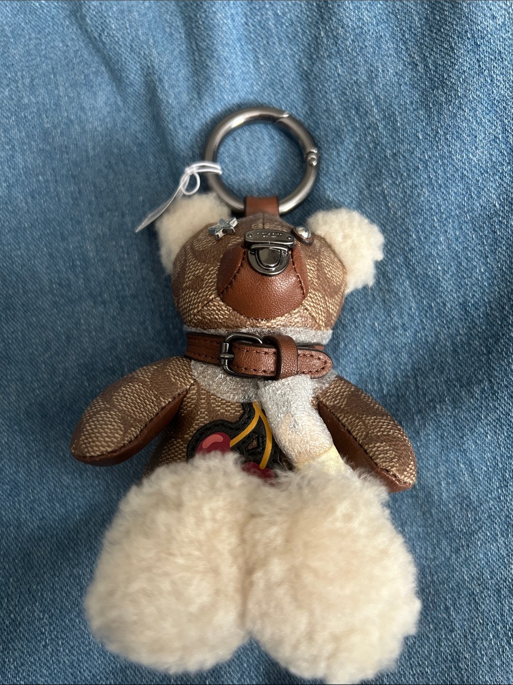 Coach Leather Teddy Keychain with Cream Fur Feet & Cherry logo on chest